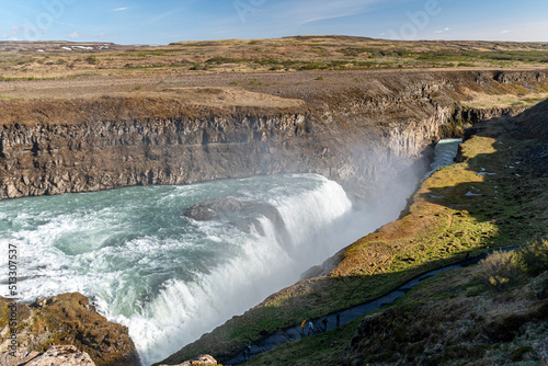 Panoramic view of the lower stage of Gullfoss waterfall in Iceland