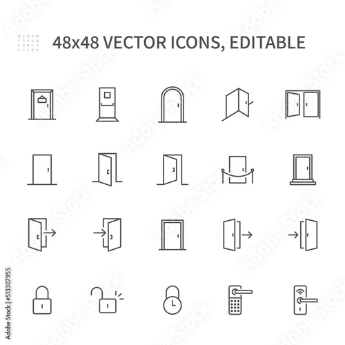 Simple vector line icons. On The Theme Of Doors Contains Icons Such As Doors, Entrance, Exit, Door Arch, Emergency Exit And More.
