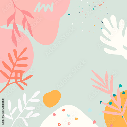 Minimalist abstract square background with outline leaves and Scandinavian color theme