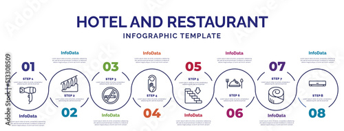 infographic template with icons and 8 options or steps. infographic for hotel and restaurant concept. included hairdryer, no smoking, do not disturb, go down, meal, cinnamon roll, air conditioner
