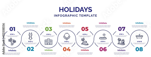 infographic template with icons and 8 options or steps. infographic for holidays concept. included palm trees, hotels, flower necklace, vacations, sunbathing, beach house, bathtube icons.