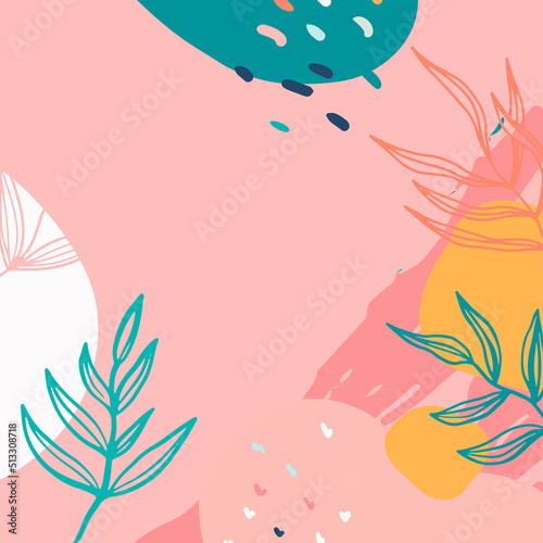 Minimalist abstract square background with outline leaves and Scandinavian color theme