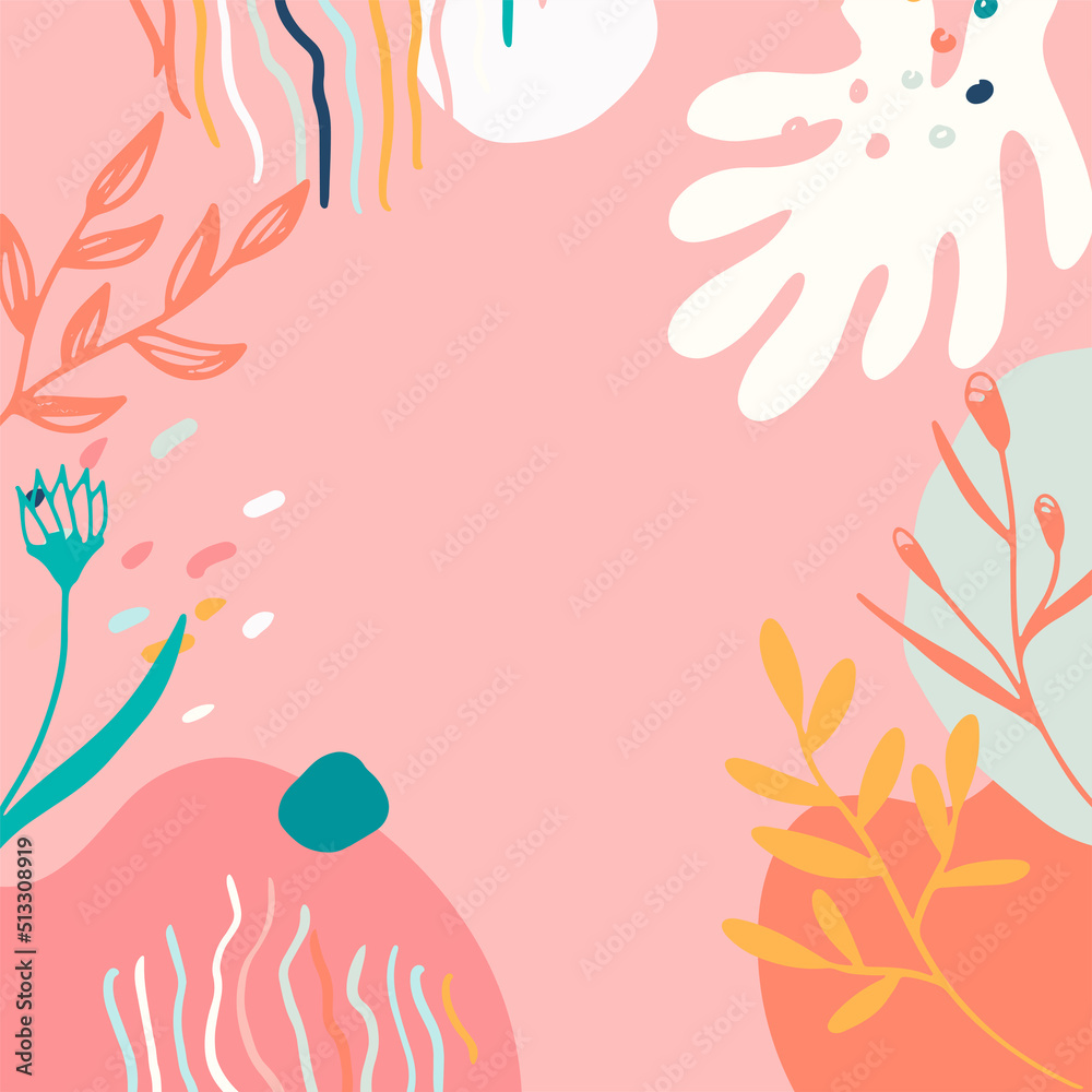 Naklejka premium Minimalist abstract square background with outline leaves and Scandinavian color theme