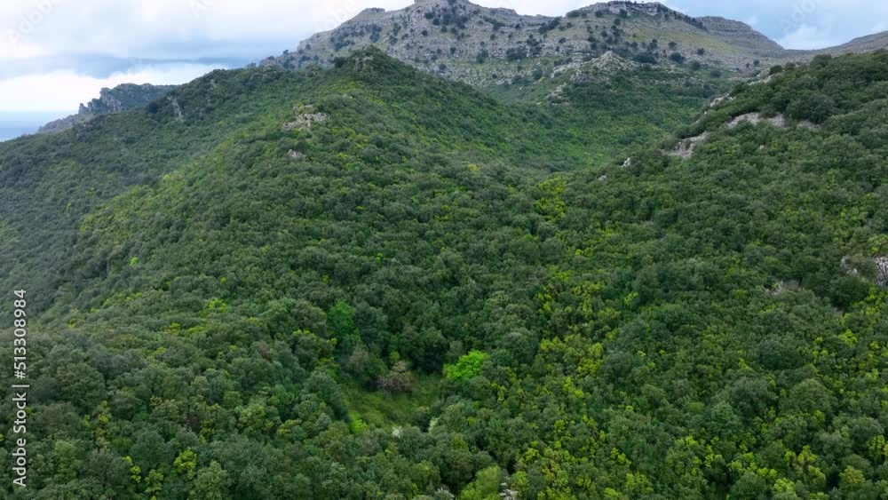 Landscape in spring seen from a drone of the surroundings of Mount Candina. In the Eastern Coastal Mountain, in the Cantabrian Sea. Liendo Valley, Cantabria, Spain, Europe Landscape in spring seen from a drone of the surroundings of Mount Candina. In the Eastern Coastal Mountain, in the Cantabrian Sea. Liendo Valley, Cantabria, Spain, Europe
