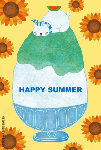 暑中見舞い　白くまとかき氷と向日葵 3