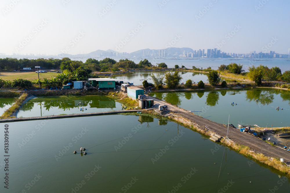 Fototapeta premium Fishing raft farm pond landscape