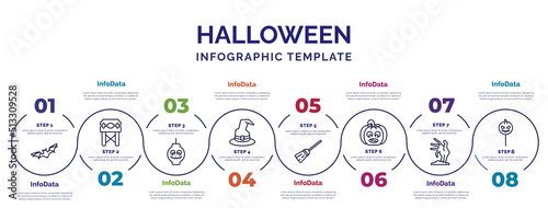 infographic template with icons and 8 options or steps. infographic for halloween concept. included bats, lanterns, magician hat, magic broom, pumpkins lantern, zombie hand, halloween candy icons.