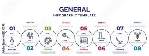 infographic template with icons and 8 options or steps. infographic for general concept. included poor, rewind time, magnifiying glass, hob, fretsaw, deckchair, mistletoe leaves icons.