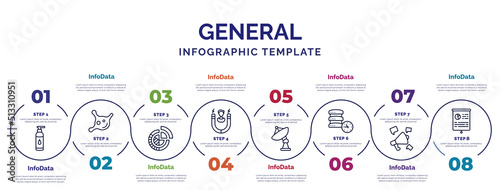 infographic template with icons and 8 options or steps. infographic for general concept. included massage oil, market share, user attraction, satellite antenna, real time data, social campaign,