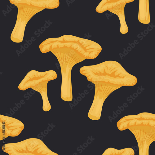 Vector Seamless Pattern with Chanterelle Mushroom on Black. Seamless Texture, Hand Drawn Cartoon Chanterelle Mushrooms. Design Template for Textile, Wallpaper, Print. Cantharellus Cibarius