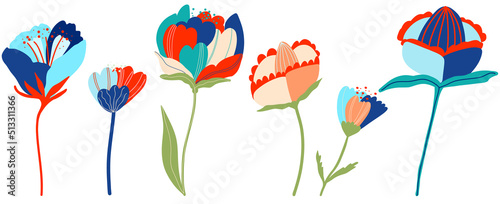 Variety of multicolour trendy flowers. Flat vector illustration for web, app, print, stationery. Elegant feminine  floristic isolated  flowers. Garden, botanical, minimalistic floral set.