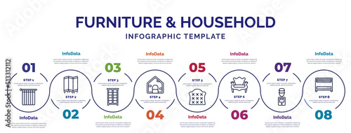 infographic template with icons and 8 options or steps. infographic for furniture & household concept. included shower curtain, armoire, dog, headboard, fauteuil, water dispenser, heating icons.