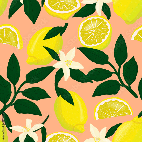 Lemon leaves and flower seamless pattern. Citrus fruit vector illustration for wallpaper, wrapping paper, textile, fabric, print