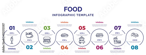 infographic template with icons and 8 options or steps. infographic for food concept. included sparkling wine, hamburguer, risotto, snack booth, fried tofu curd balls, junk food, mushrooms icons.