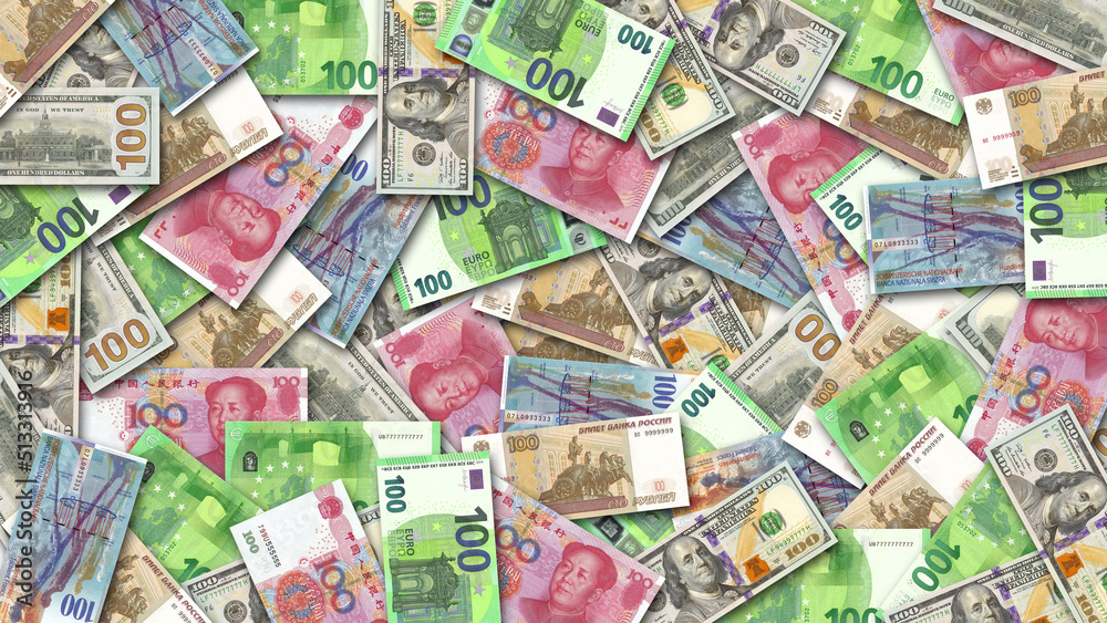 Banknotes from different countries of the world scattered randomly in a mess. Money of the USA, Switzerland, the European Union, China and Russia. 100 yuan, dollars, francs, rubles and euros Banknotes from different countries of the world scattered randomly in a mess. Money of the USA, Switzerland, the European Union, China and Russia. 100 yuan, dollars, francs, rubles and euros