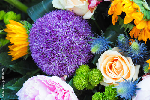 Eryngium amethystinum, amethyst eryngo. Chrysanthemum Feeling Green. Violet Allium flower. Helianthus decoratived, pink peony, pudre rose. Natural flowers floristic decoration wallpaper, greeting card photo