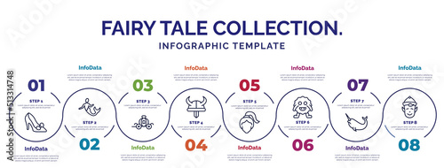 infographic template with icons and 8 options or steps. infographic for fairy tale collection. concept. included cinderella shoe, cinderella carriage, viking, damsel, monster, narwhal, elf icons.