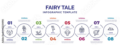 infographic template with icons and 8 options or steps. infographic for fairy tale concept. included phoenix, shipwreck, enchanted mirror, vampire, palace, valkyrie, fairy tale icons.
