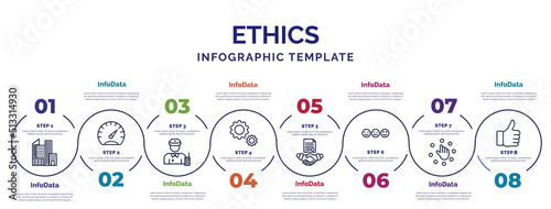 infographic template with icons and 8 options or steps. infographic for ethics concept. included city, guard, ting, agreement, smileys, choice, thumbs up icons.