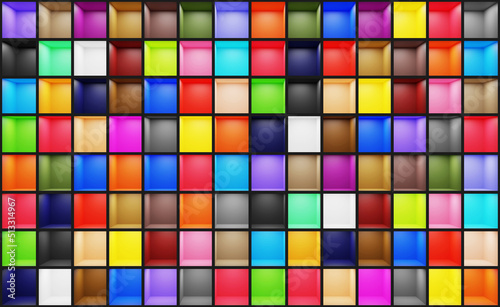 3d render of a background of many multicolored empty studio apartments.Digital image illustration.