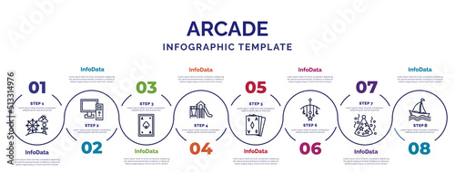 infographic template with icons and 8 options or steps. infographic for arcade concept. included amusement park, ace of clubs, playground, ace of diamonds, childhood, party hat, sailing boat icons.