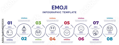 infographic template with icons and 8 options or steps. infographic for emoji concept. included wink emoji, embarrassed emoji, tired disappointed yawning surprise icons.