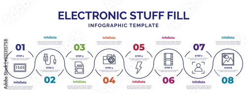 infographic template with icons and 8 options or steps. infographic for electronic stuff fill concept. included camera big screen size, memory card, compact camera, blitz flash, film roll, portrait,
