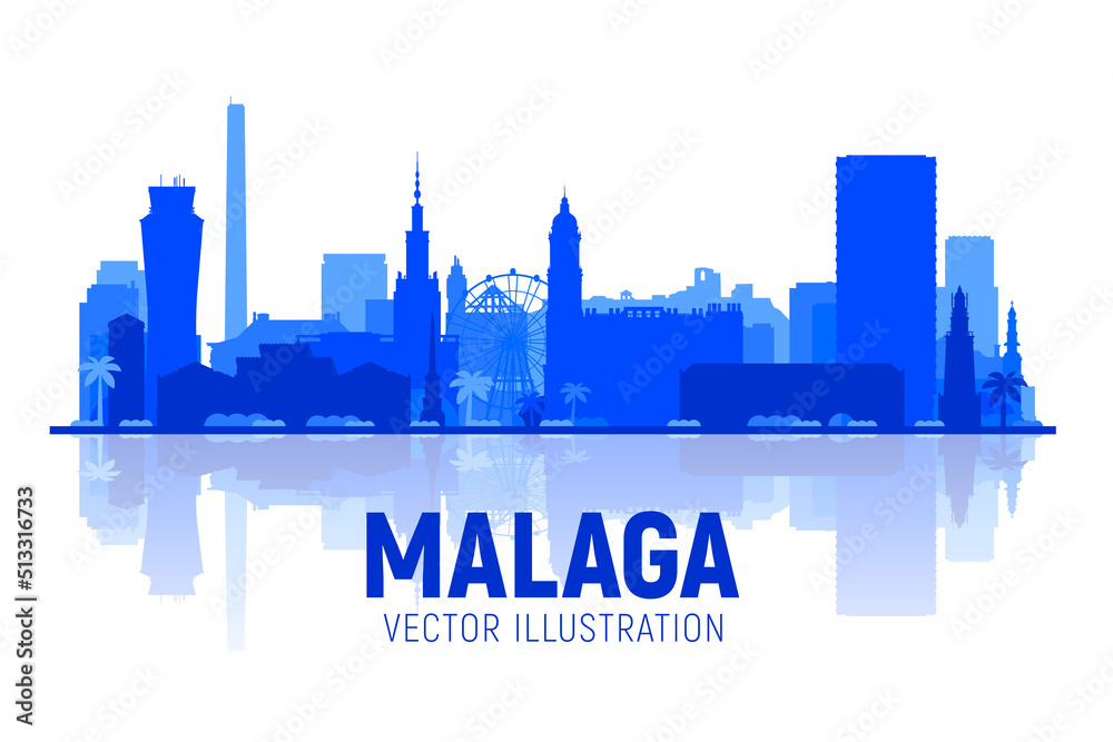 Malaga, Spain (Andalusia) city silhouette at white background. Vector Illustration. Business travel and tourism concept with modern buildings. Image for banner or web site - obrazy, fototapety, plakaty 