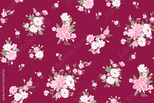Contemporary floral print with small garden flowers on suburban lawn for digital texture and garment in ditsy style ,stylized vector template