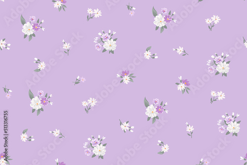 Contemporary spring floral pattern with natural flowers on forest carpet for digital background and textile in millefleur style ,stylized vector template