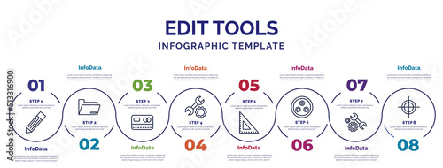 infographic template with icons and 8 options or steps. infographic for edit tools concept. included pen edit, blue card, repair tool, school triangle, quark, repair tools, registration mark icons.