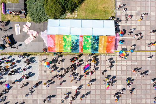 Equality parade, pride march in Warsaw, Poland, June 25 2022. Celebration of LGBT people and protests against homophobia, aerial view.