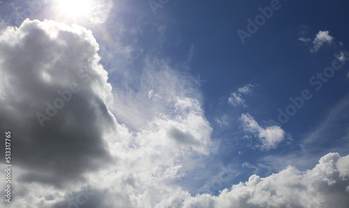 Dramatic blue clear summer sky after rain background, sun breaking through white fluffy cumulus morning clouds © Ralf