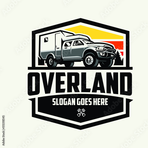 Overland 4x4 camper truck outdoor badge emblem vector logo illustration.