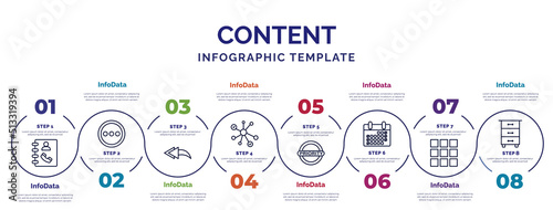 infographic template with icons and 8 options or steps. infographic for content concept. included phone book, reply all, nodes, priority, weekend, thumbnails, drawer icons.