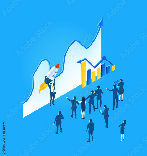 Isometric business environment. Business people, team working around rocket, new business, start up, technology, computing, automatisation concept