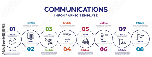 infographic template with icons and 8 options or steps. infographic for communications concept. included i love you, woman file, live news report, news anchor, talk, flag waving, waving flag icons.