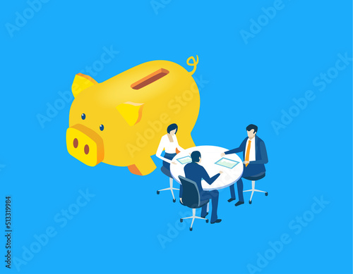 Money, banking, investment strategy and financial advisory I isometric business illustration.  Business people, banker working hard towards the success. 