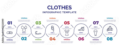 infographic template with icons and 8 options or steps. infographic for clothes concept. included pilot sunglasses, flat shoes, one shoulder dress, chiffon suffle blouse, leather chelsea boots,