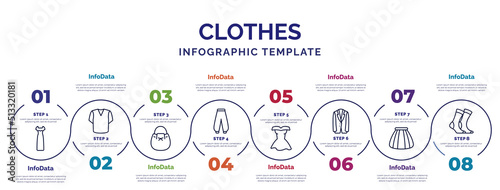 infographic template with icons and 8 options or steps. infographic for clothes concept. included long sleeveless dress, bucket bag, harem pants, cocktail dress, jersey blazer, tulle skirt, women