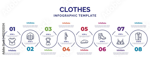 infographic template with icons and 8 options or steps. infographic for clothes concept. included blouse, pijama, cravat, beret, danica shoes, brassiere, chemise icons.