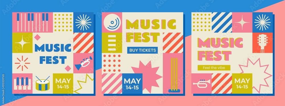 Fototapeta premium Flat design mosaic music festival. Set of editable templates for social media, event poster, postcard, invitation, cover, banner. Summer festival, live music festival concept