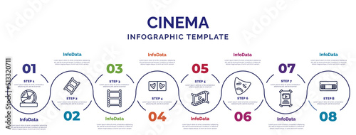 infographic template with icons and 8 options or steps. infographic for cinema concept. included dvd, photograms, prompt box, video clip, tragedy, film poster, vhs icons.