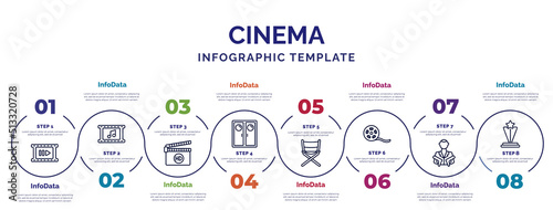 infographic template with icons and 8 options or steps. infographic for cinema concept. included slow motion, hd, doorway, film director, movie reel, hitman, film award icons.