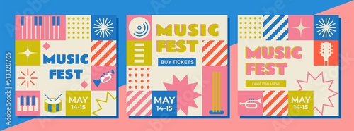 Flat design mosaic music festival. Set of editable templates for social media, event poster, postcard, invitation, cover, banner. Summer festival, live music festival concept