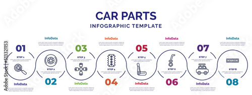 infographic template with icons and 8 options or steps. infographic for car parts concept. included car crank, car wheel brace, cylinder head, bucket seat, dipstick, roof, numberplate icons.