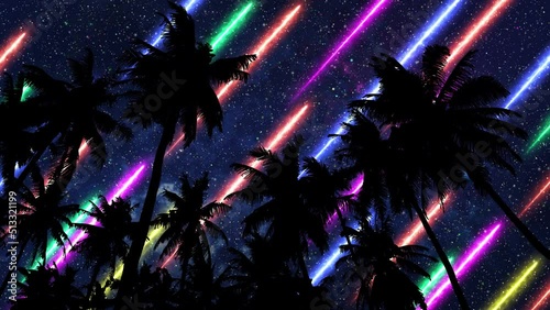 Bottom View of Night Sky with Laser Rays through Palm Trees