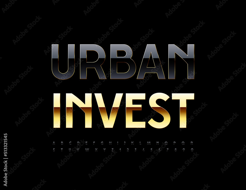 Vector business concept Urban Invest. Black and Gold chic Font. Elite Alphabet Letters and Numbers Vector business concept Urban Invest. Black and Gold chic Font. Elite Alphabet Letters and Numbers