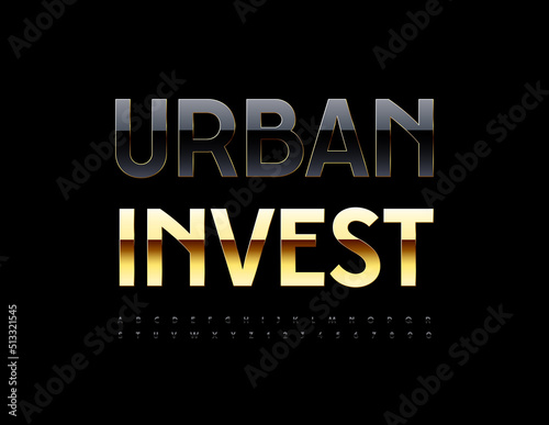 Vector business concept Urban Invest. Black and Gold chic Font. Elite Alphabet Letters and Numbers