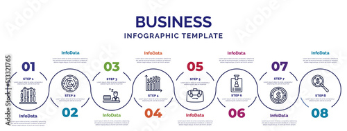 infographic template with icons and 8 options or steps. infographic for business concept. included business graph, sleepy worker at work, ascendant graph, bussines briefcase, identity card, one